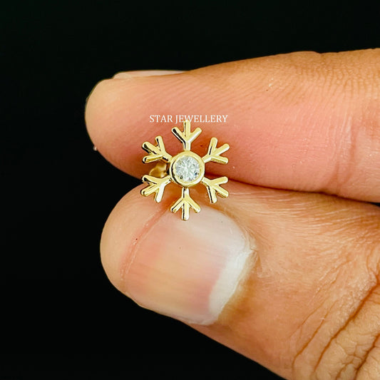 14K Solid Gold Snowflake Diamond Ear Piercing