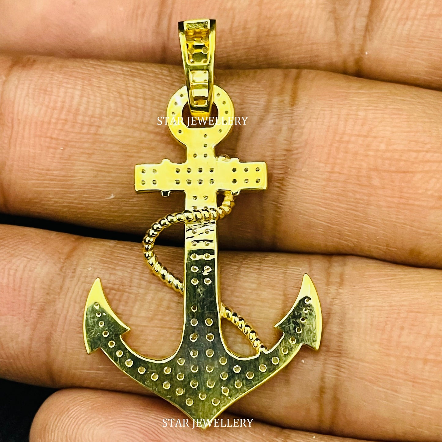 14K Solid Gold Natural Diamond Anchor Pendant