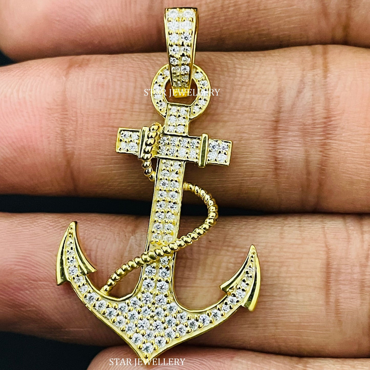 14K Solid Gold Natural Diamond Anchor Pendant