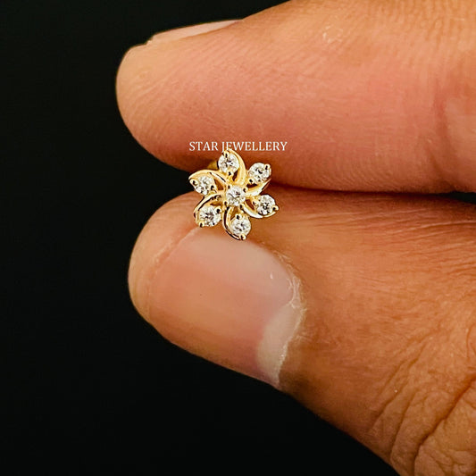 14K Gold Diamond Cluster Floral Threaded Piercing