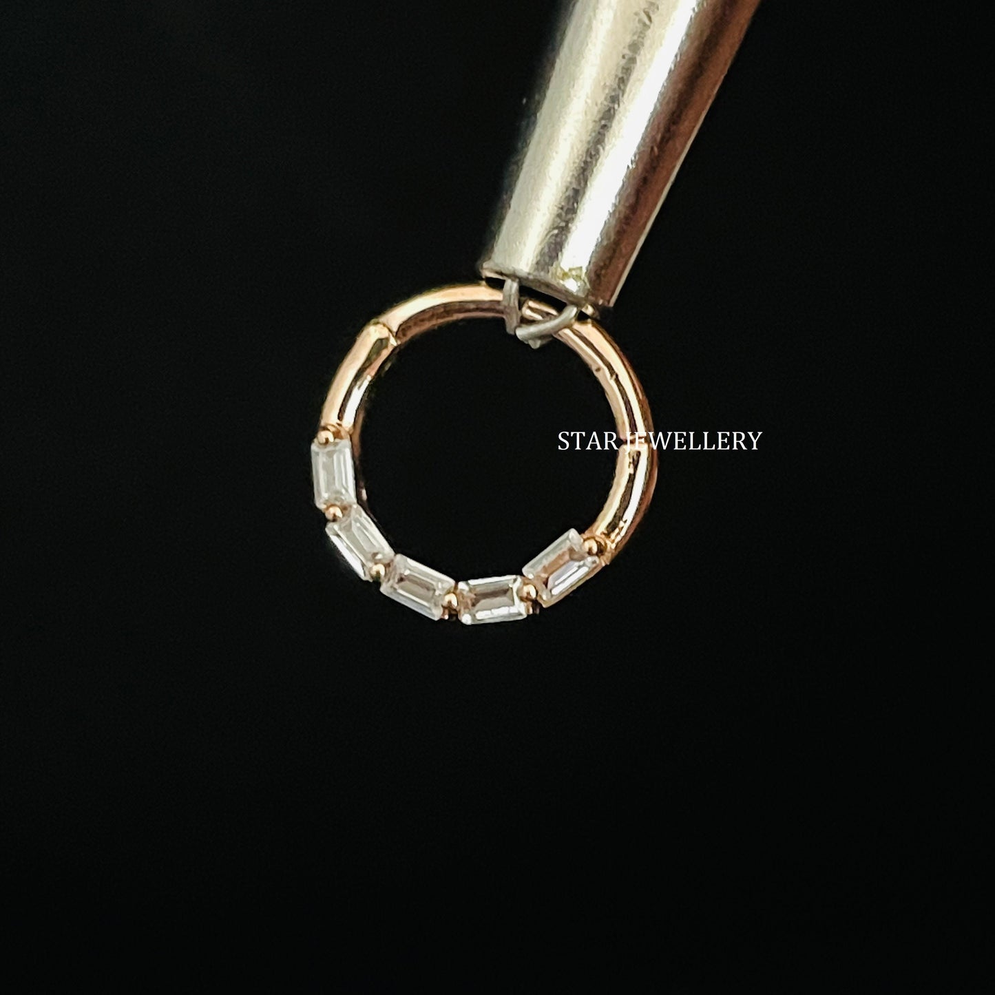 Solid Gold Daith Clicker Piercing with Baguette Moissanite