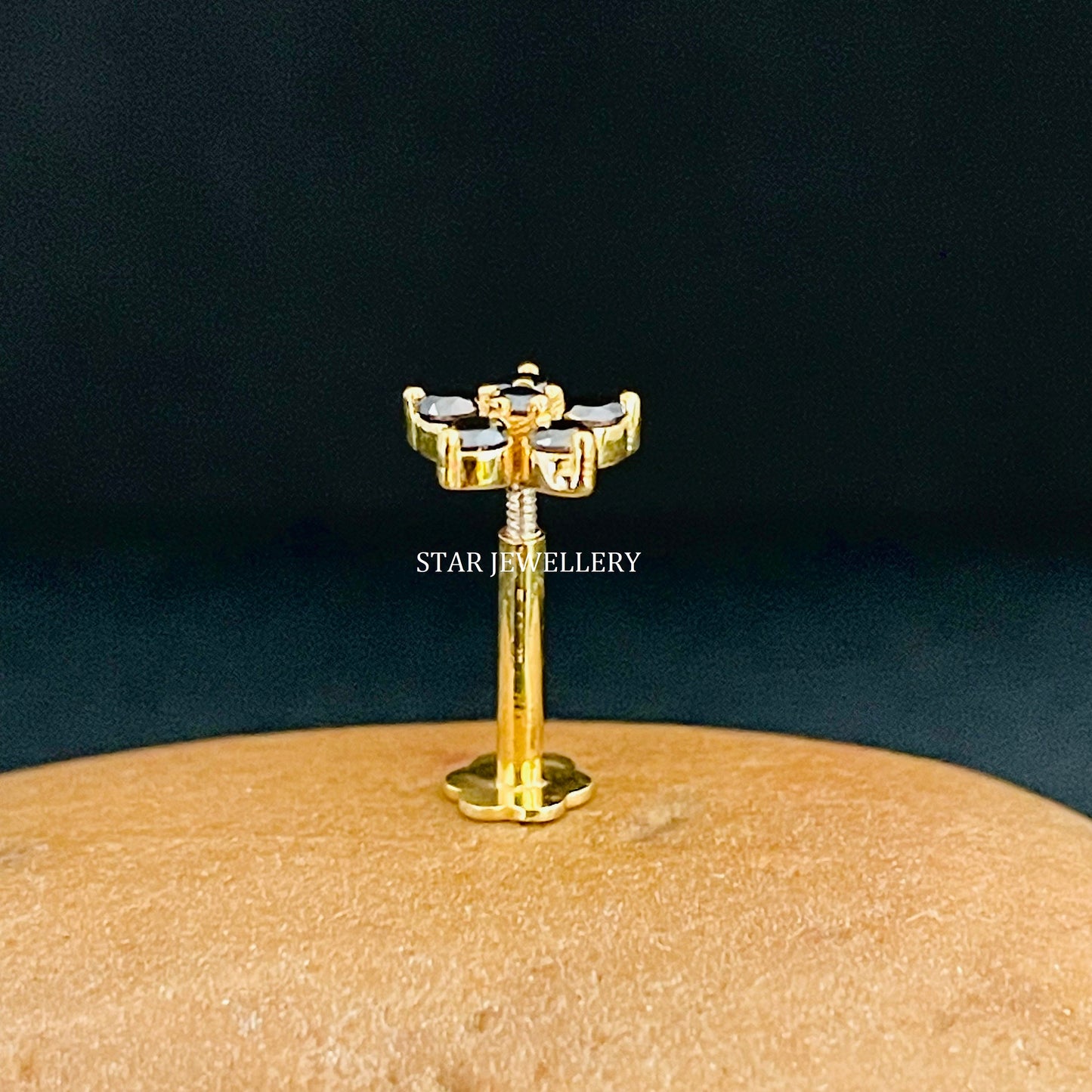 14K Solid Gold Natural Black Diamond Cluster Floral Ear Piercing