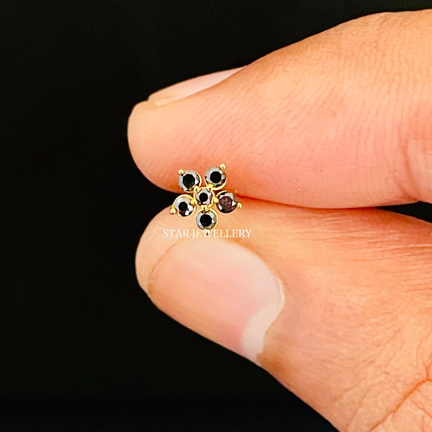 14K Solid Gold Natural Black Diamond Cluster Floral Ear Piercing