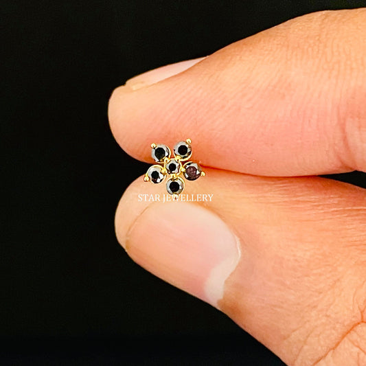 14K Solid Gold Natural Black Diamond Cluster Floral Ear Piercing