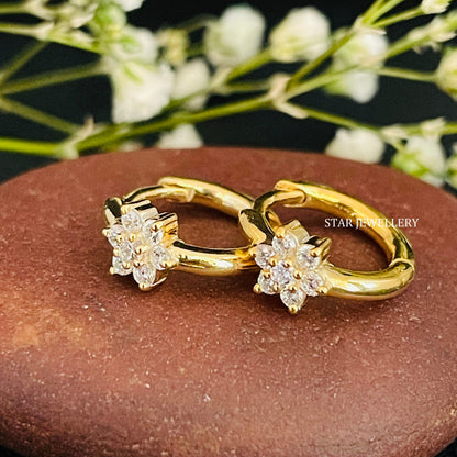14K Solid Gold Single Flower Diamond Hoop Earring