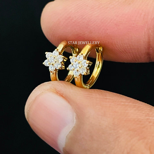 14K Solid Gold Single Flower Diamond Hoop Earring