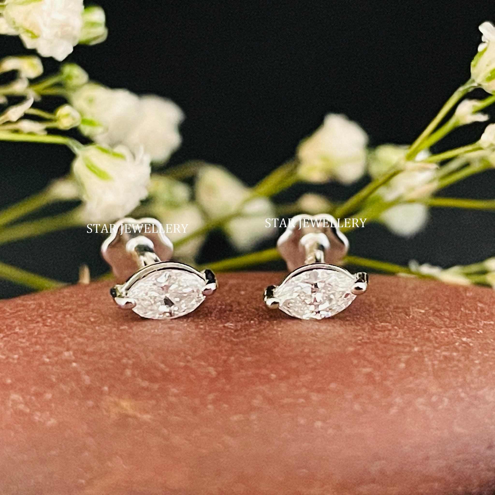 14K Solid Gold 0.10 CT Brilliant Marquise Cut Diamond Piercing