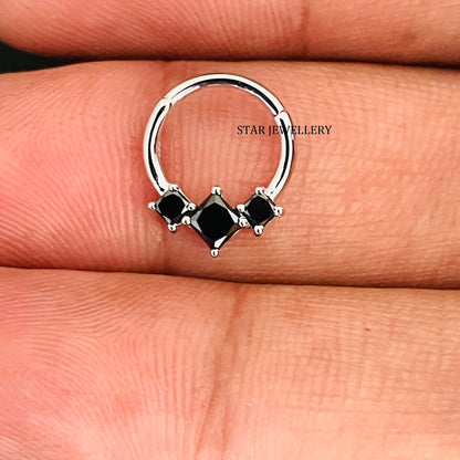 Genuine Princess Cut Black Diamond Trio Stone Septum Clicker