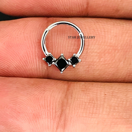 Genuine Princess Cut Black Diamond Trio Stone Septum Clicker