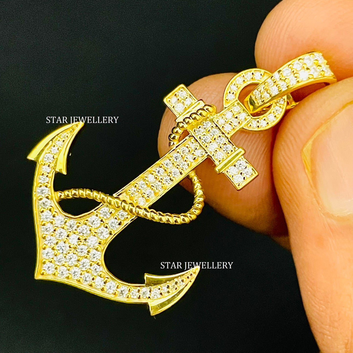 14K Solid Gold Natural Diamond Anchor Pendant