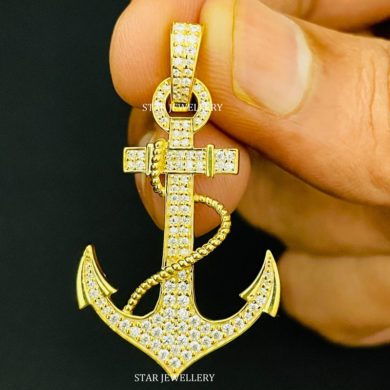 14K solid gold anchor pendant set with natural diamonds