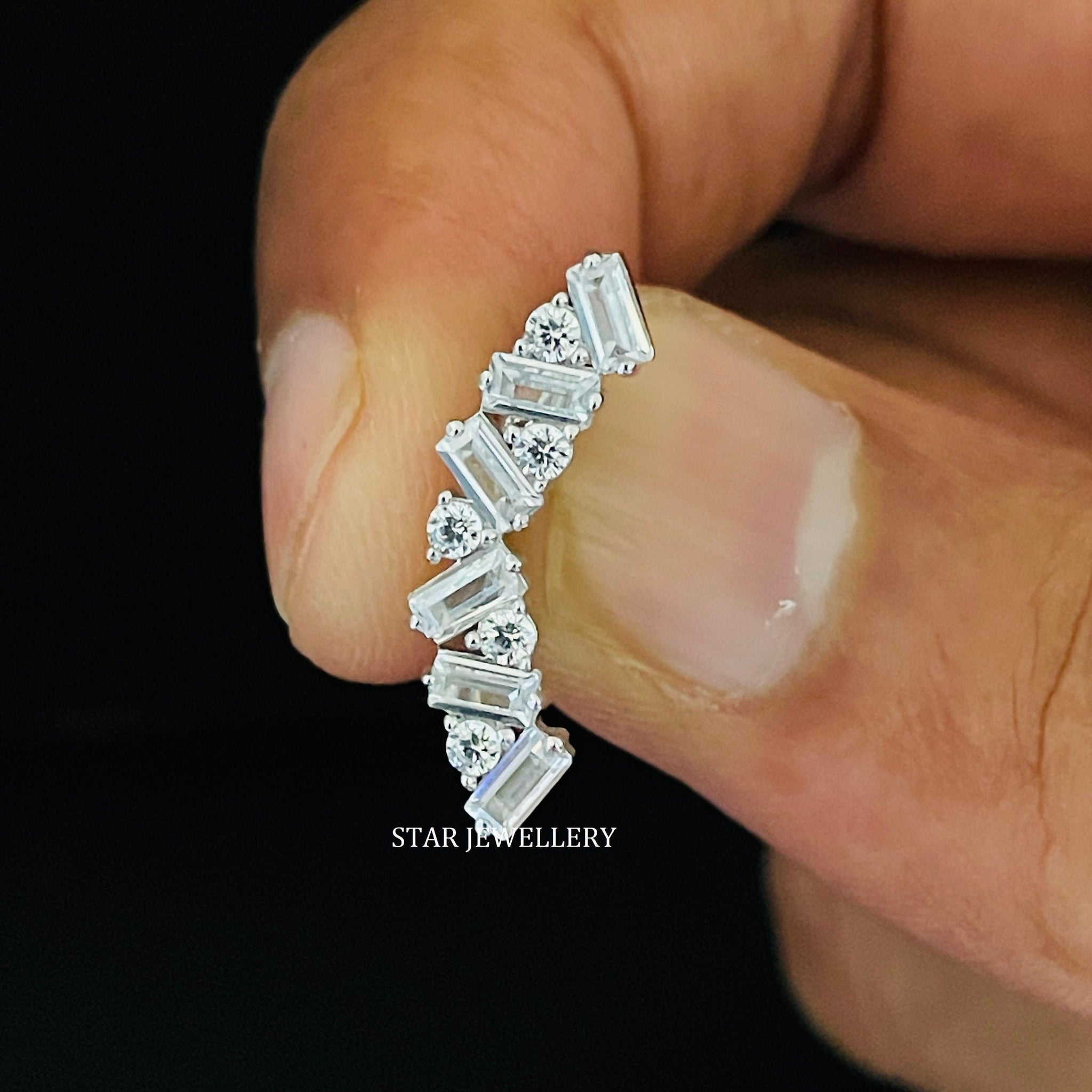 14K Solid Gold Baguette Moissanite Zig Zag Ear Climber