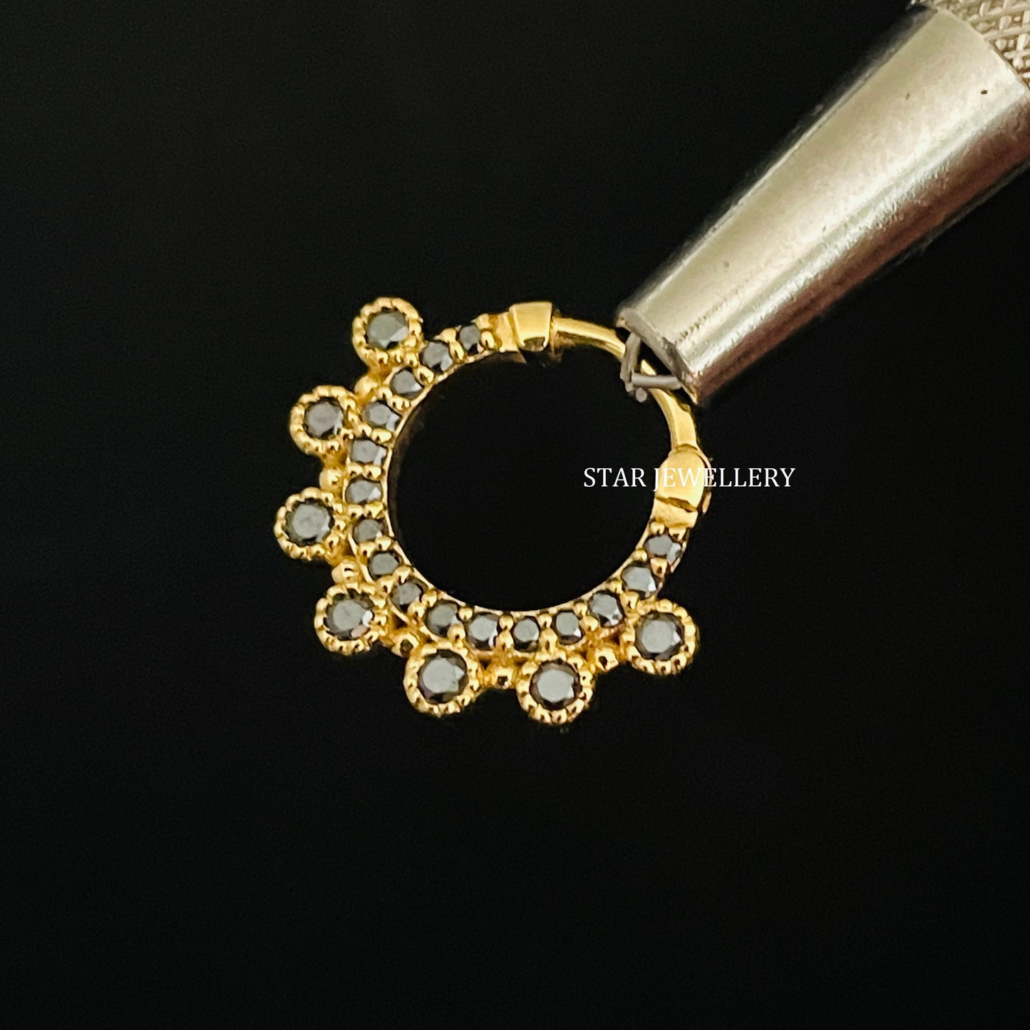 Bezel Set Black Diamond Solid Gold Daith Clicker