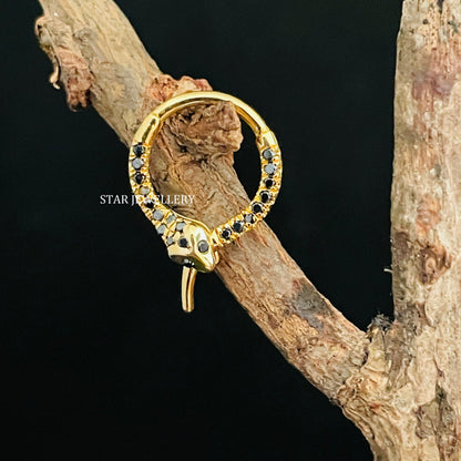 Natural Black Diamond 14K Solid Gold Snake Daith Piercing