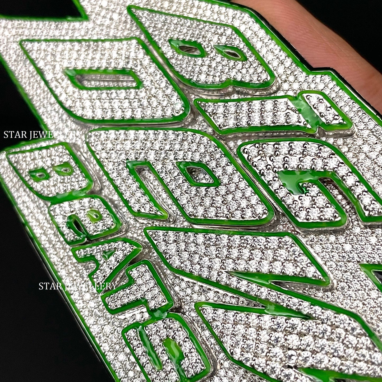 VVS Moissanite Custom Logo Pendant with Neon Green Night Glow Enamel