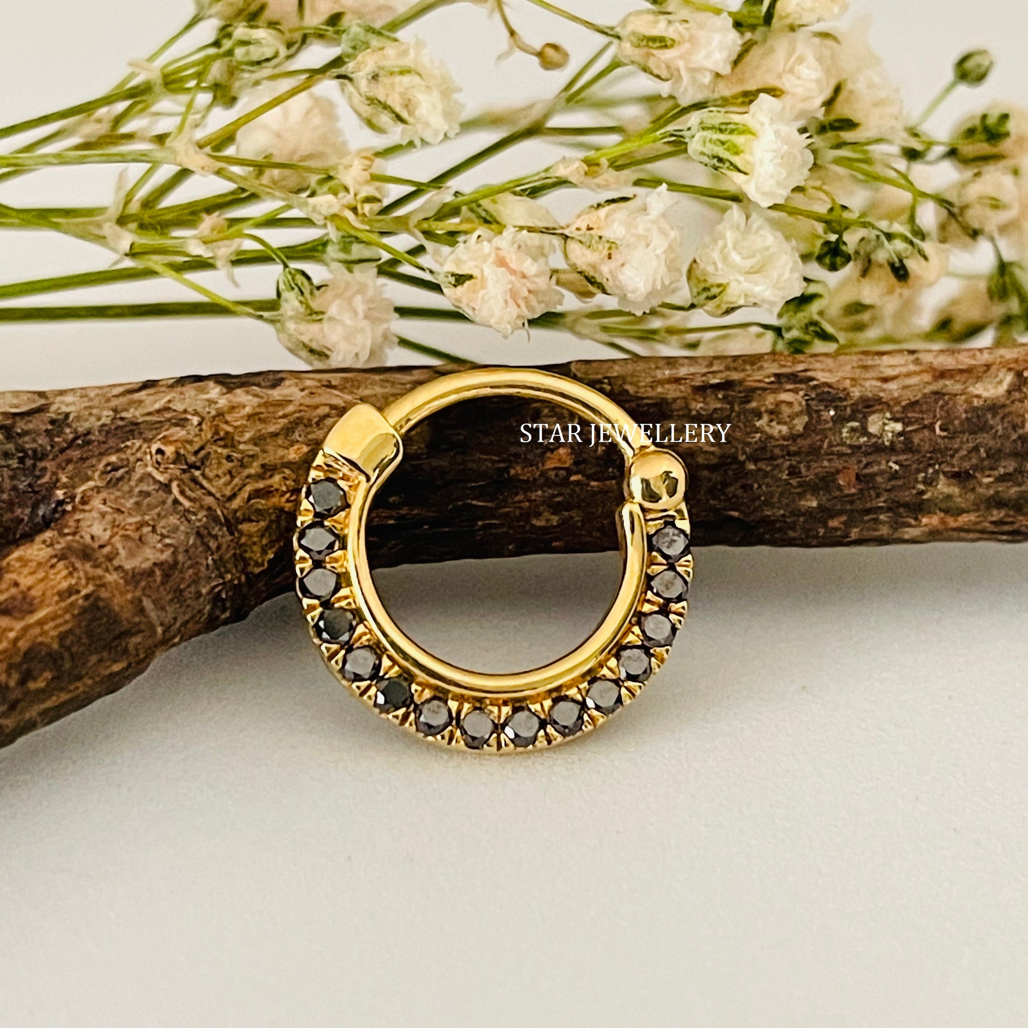 14K Solid Gold Micro Set Natural Black Diamond Daith Clicker Piercing