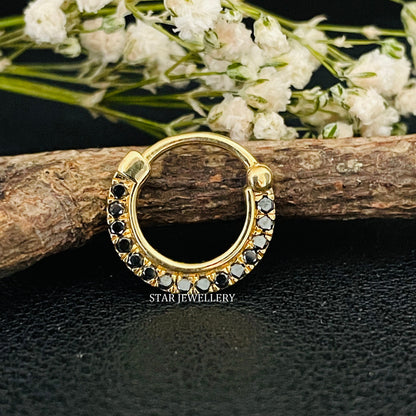 14K Solid Gold Micro Set Natural Black Diamond Daith Clicker Piercing