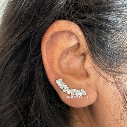 14K Solid Gold Baguette Moissanite Zig Zag Ear Climber