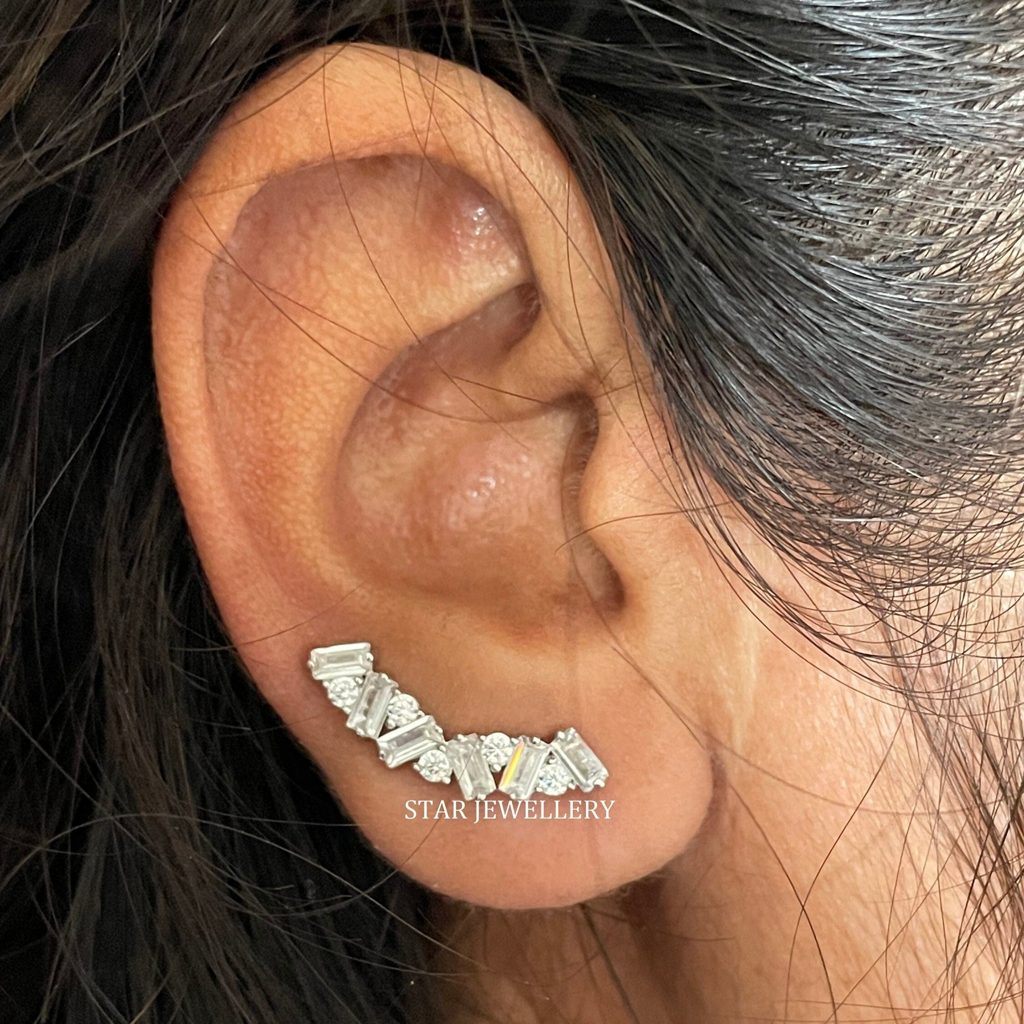 14K Solid Gold Baguette Moissanite Zig Zag Ear Climber