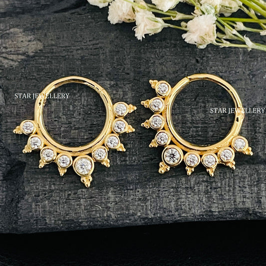 14K Solid Gold Bezel Set Natural Diamond Daith Clicker