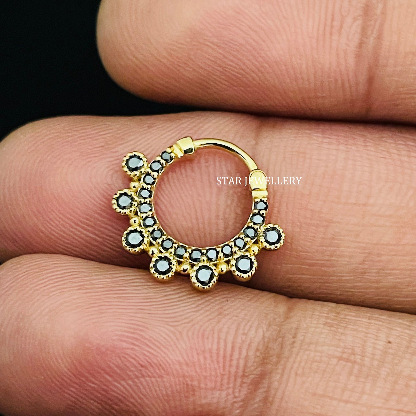 Bezel Set Black Diamond Solid Gold Daith Clicker