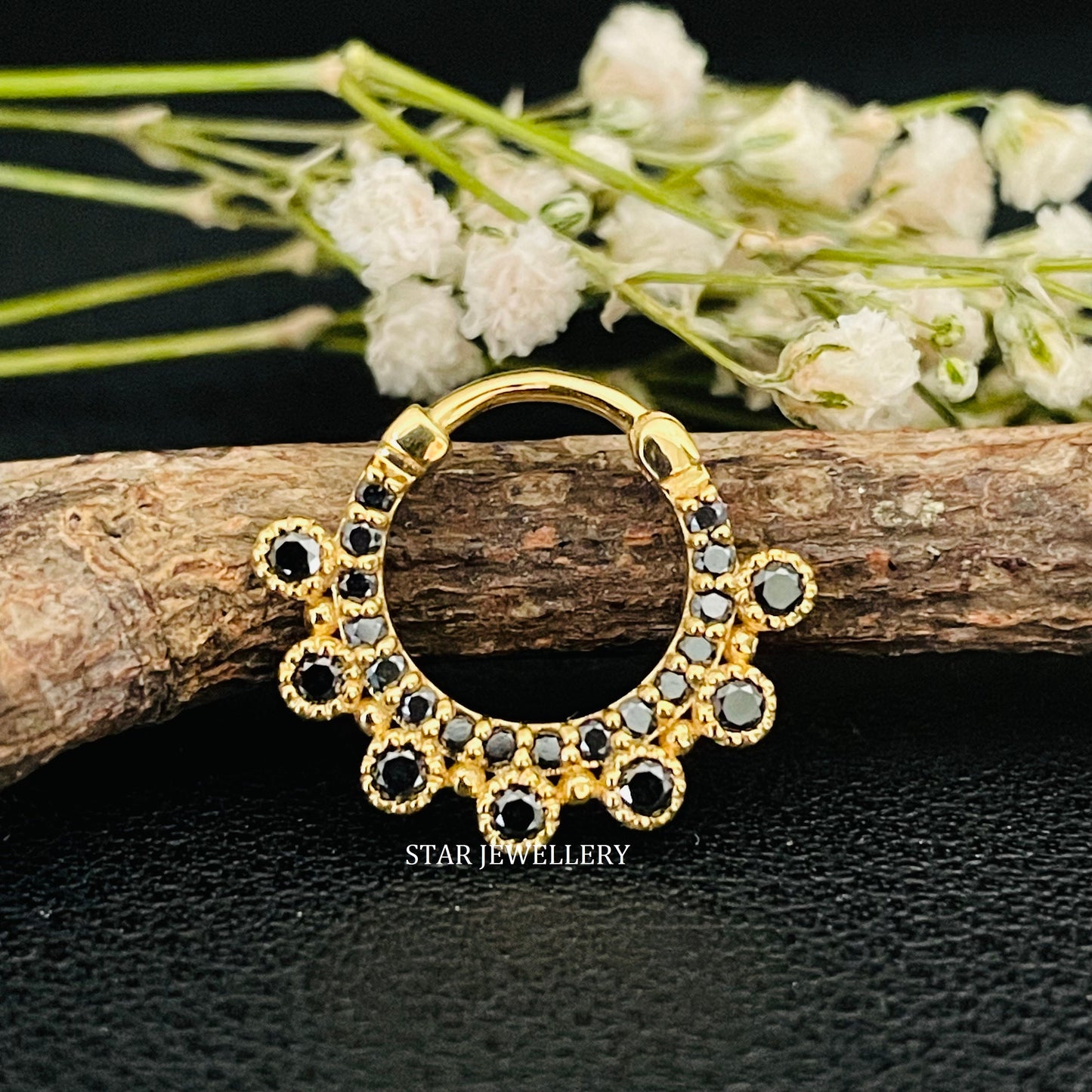 Bezel Set Black Diamond Solid Gold Daith Clicker