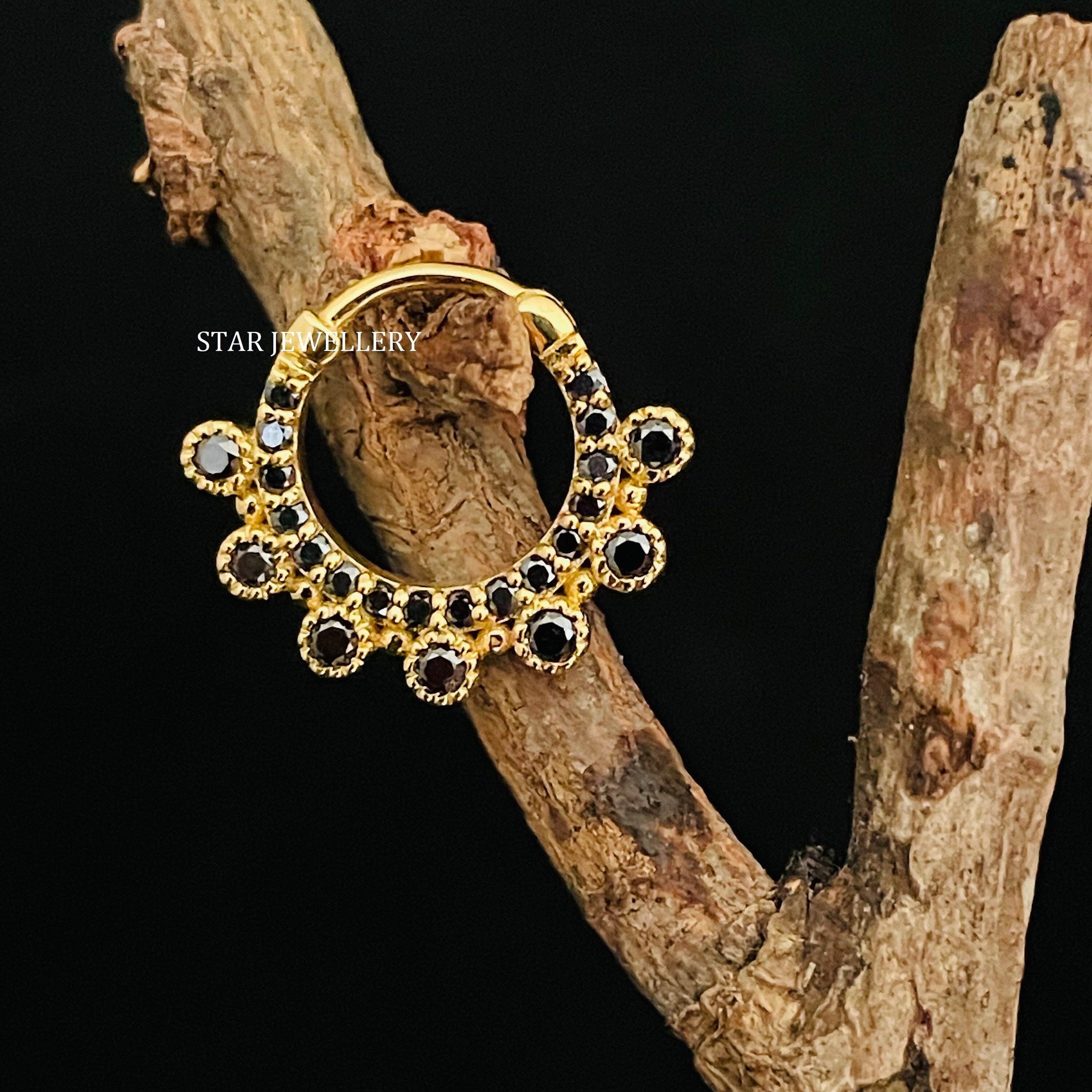 Bezel set black diamond solid gold daith clicker
