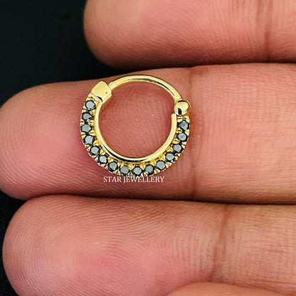 14K Solid Gold Micro Set Natural Black Diamond Daith Clicker Piercing