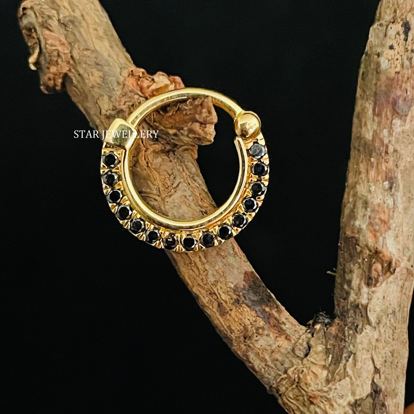 14K Solid Gold Micro Set Natural Black Diamond Daith Clicker Piercing