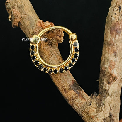 14K Solid Gold Micro Set Natural Black Diamond Daith Clicker Piercing