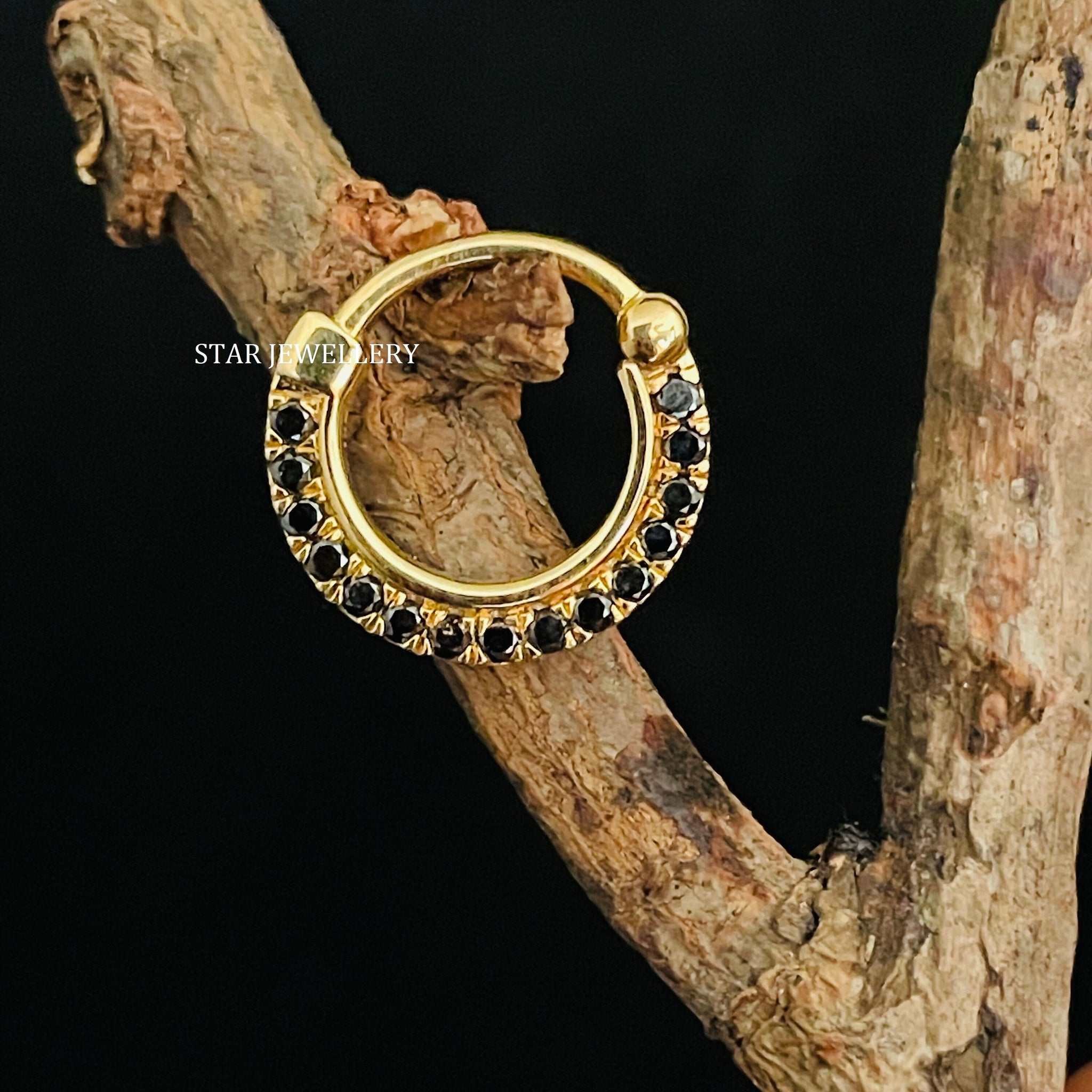 14K Solid Gold Micro Set Natural Black Diamond Daith Clicker Piercing