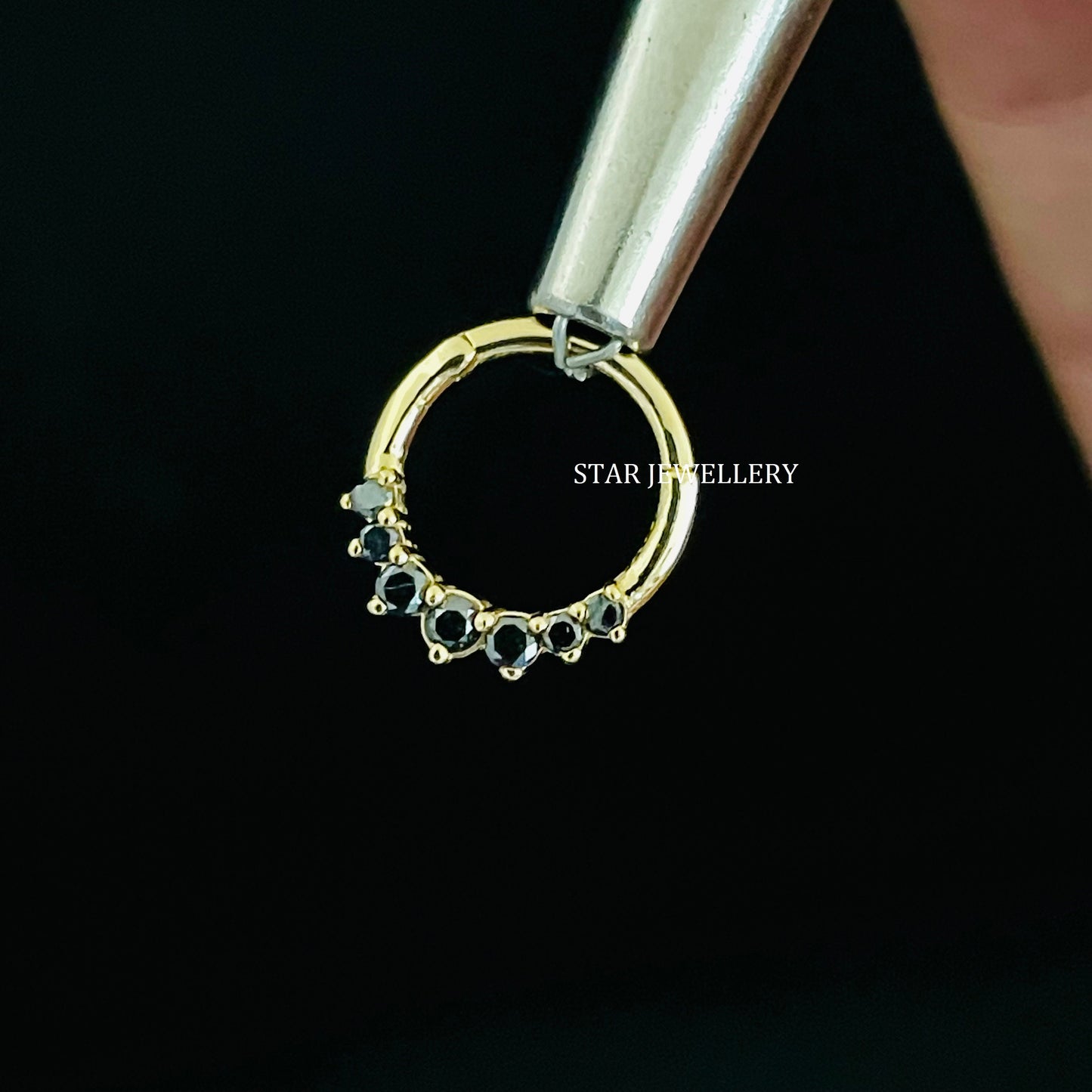 14K Solid Gold Natural Black Diamond Daith Earring