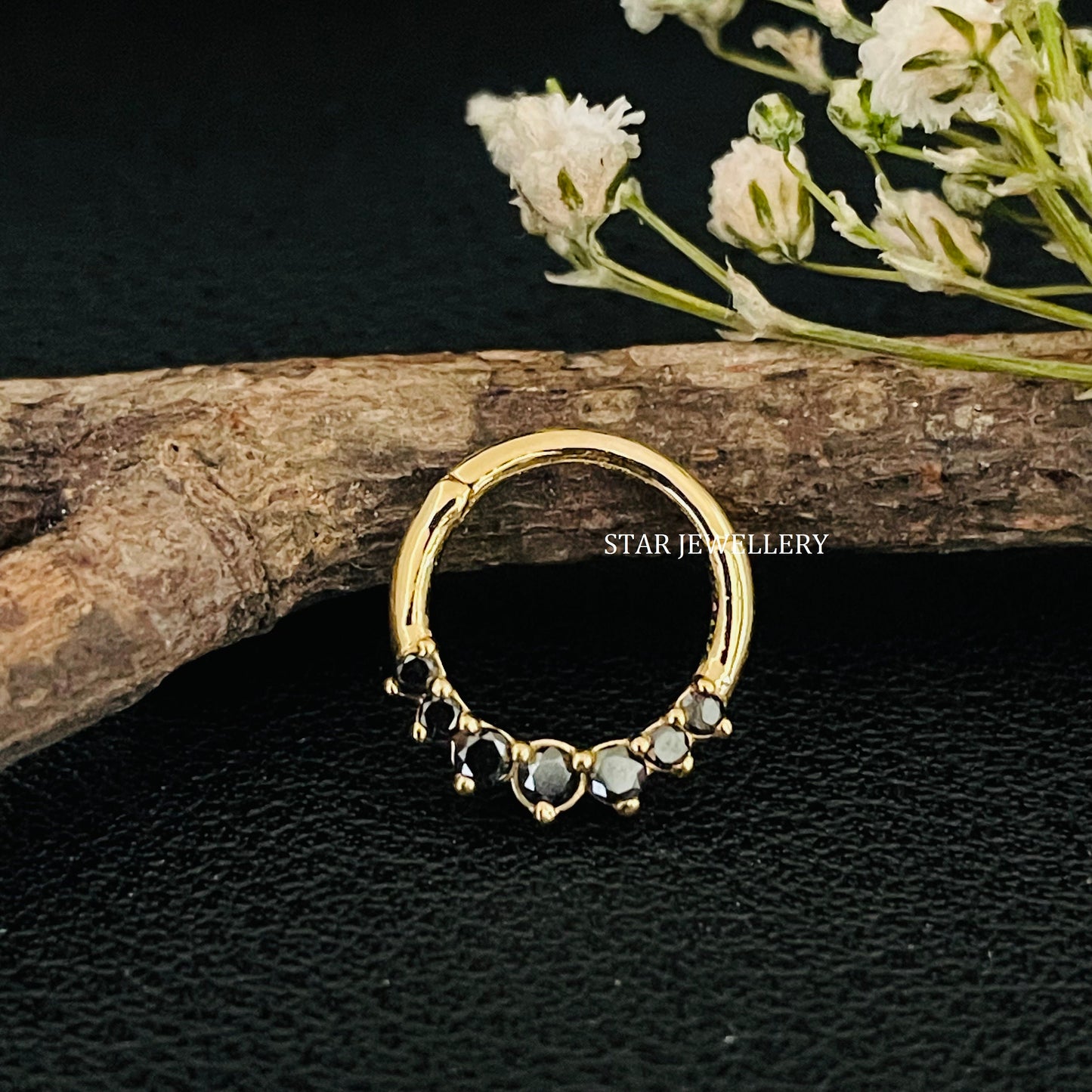 14K Solid Gold Natural Black Diamond Daith Earring