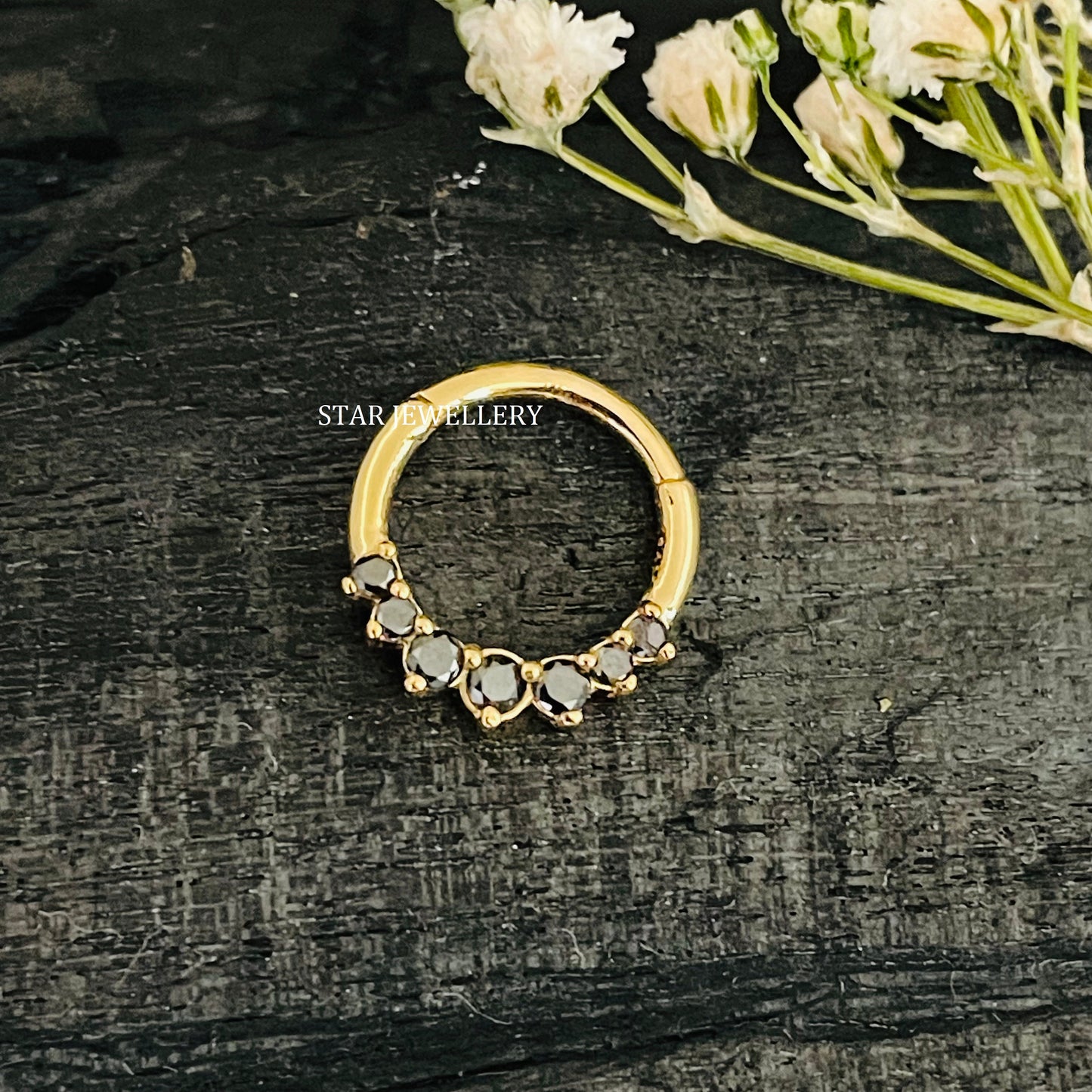 14K Solid Gold Natural Black Diamond Daith Earring