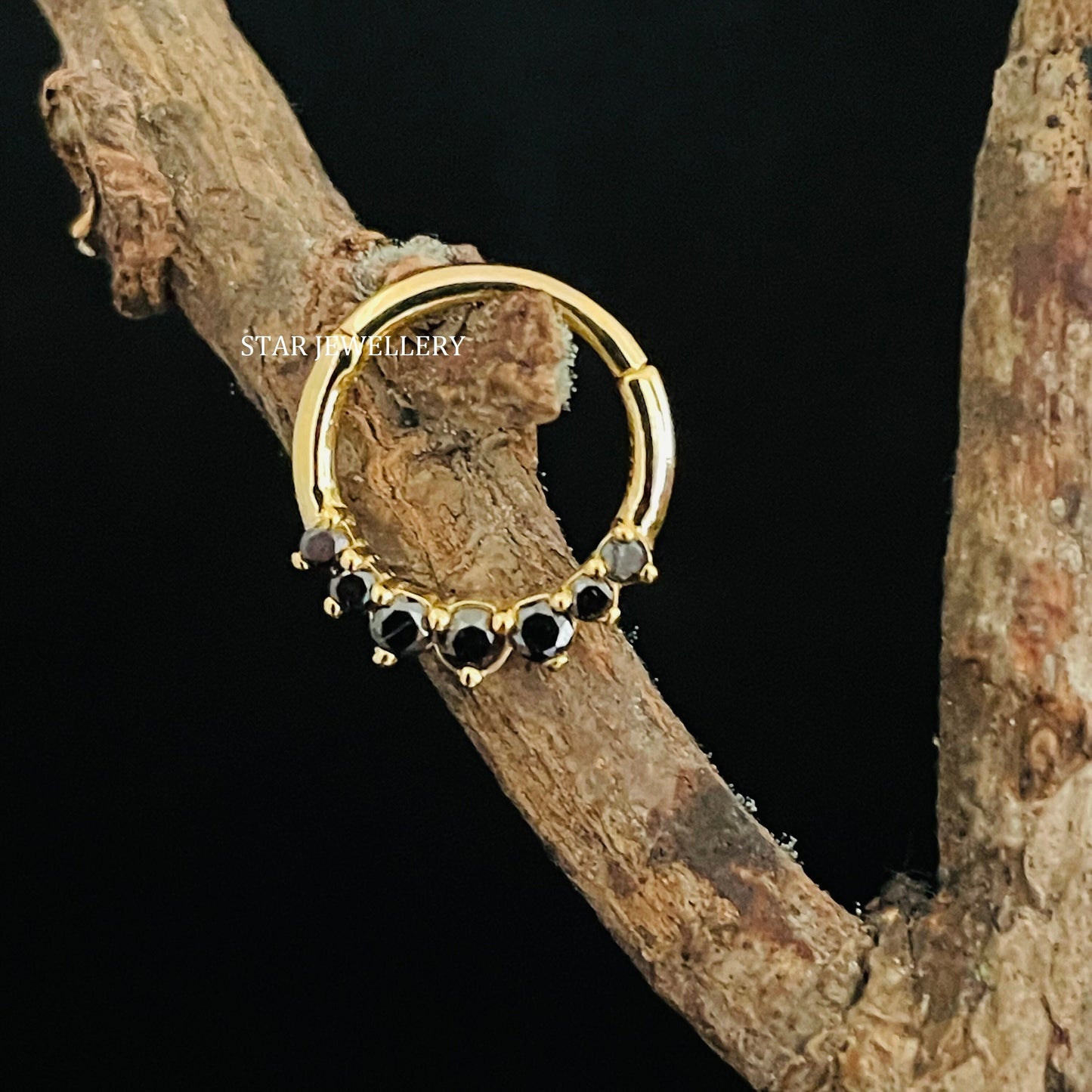 14K Solid Gold Natural Black Diamond Daith Earring
