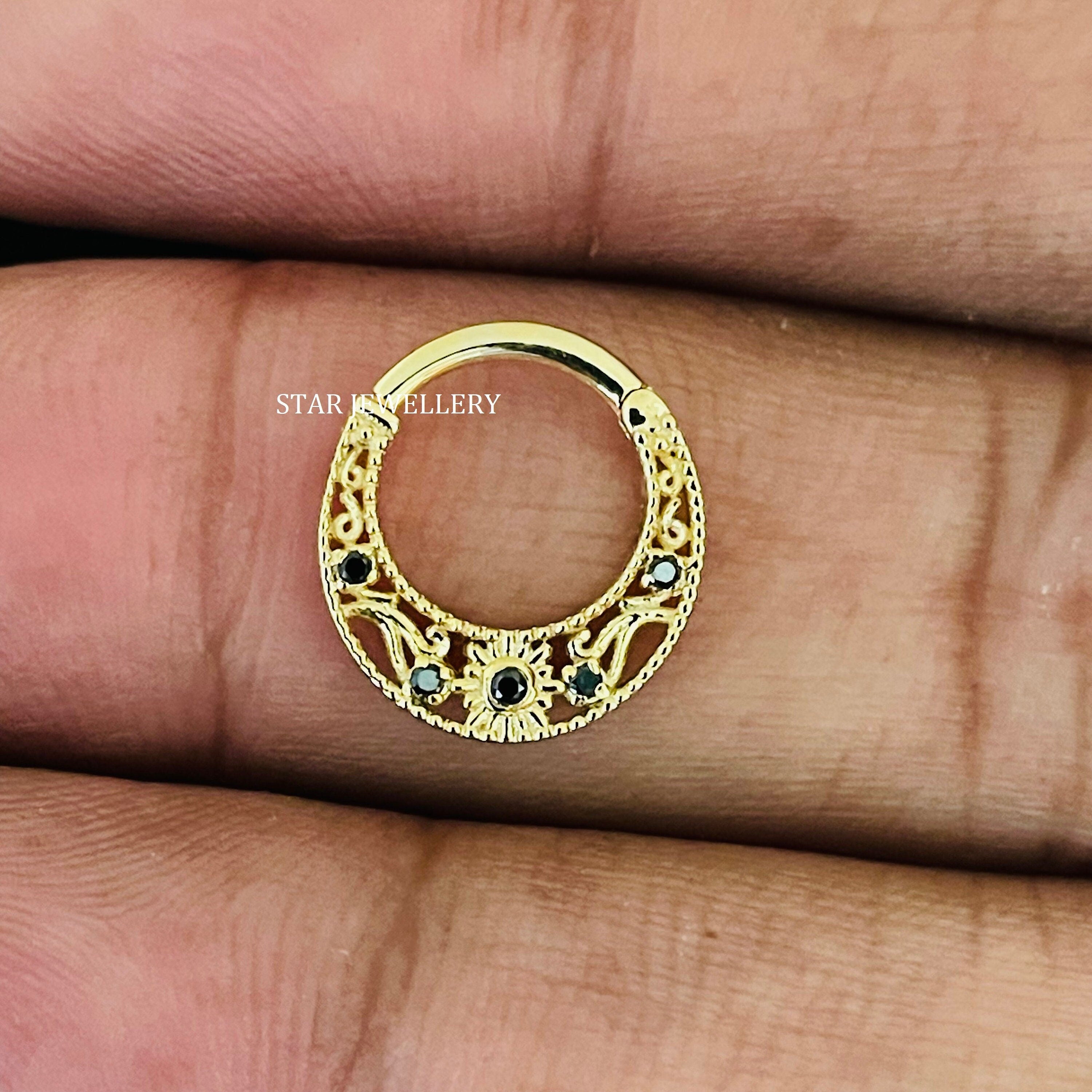 14K gold natural black diamond daith piercing with milgrain detail