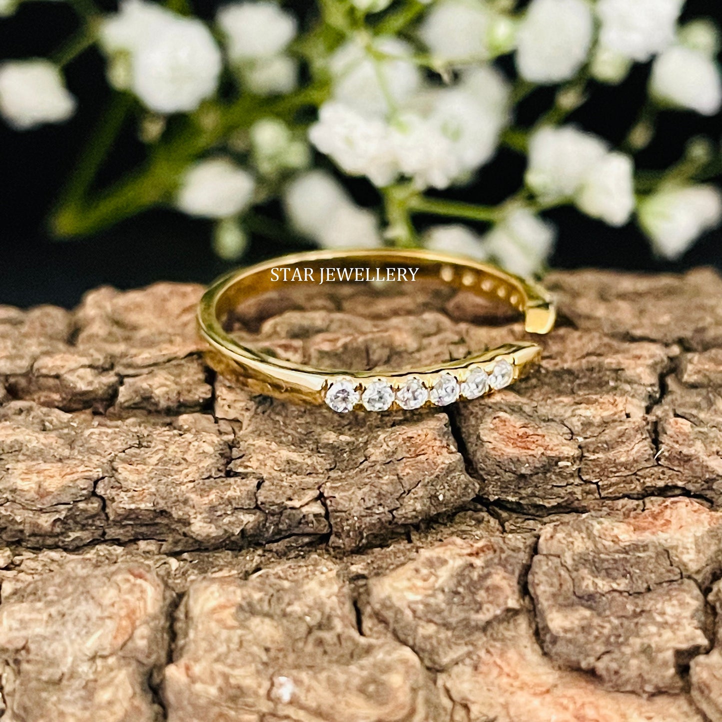 Stackable 14K Solid Gold Pave Set Diamond Open Cuff Ring