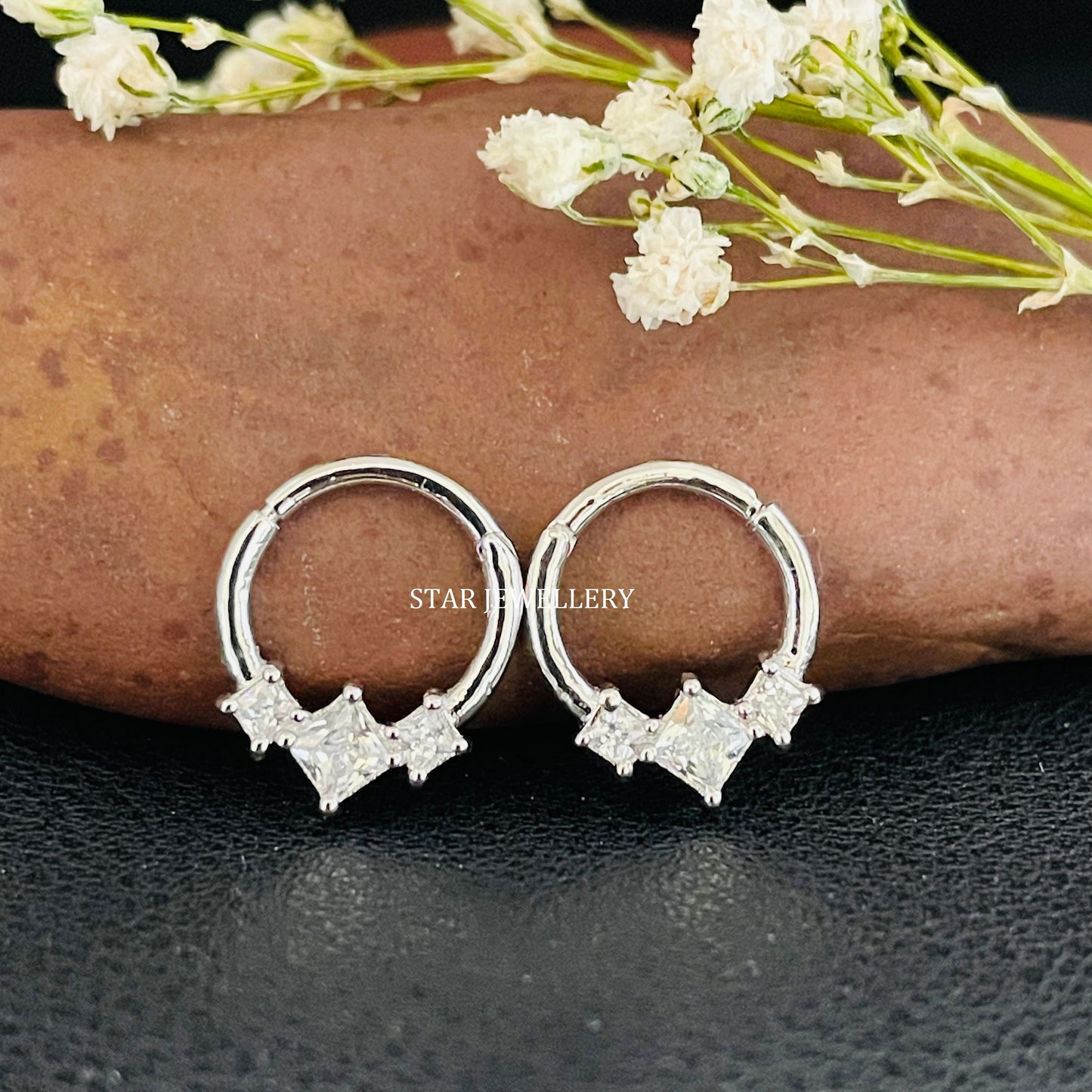 925 Sterling Silver Three Stone Princess Diamond Daith Clicker Piercing