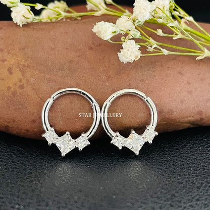 925 Sterling Silver Three Stone Princess Diamond Daith Clicker Piercing