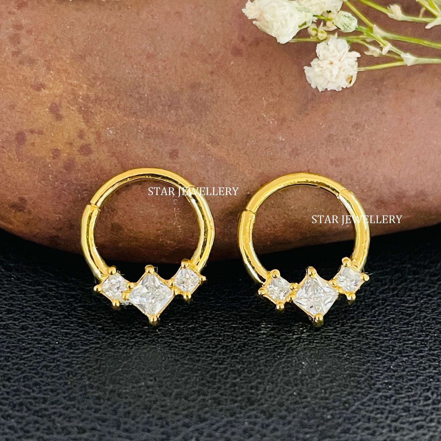 925 Sterling Silver Three Stone Princess Diamond Daith Clicker Piercing
