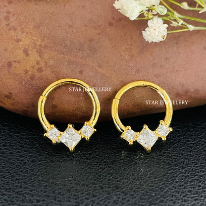 925 Sterling Silver Three Stone Princess Diamond Daith Clicker Piercing