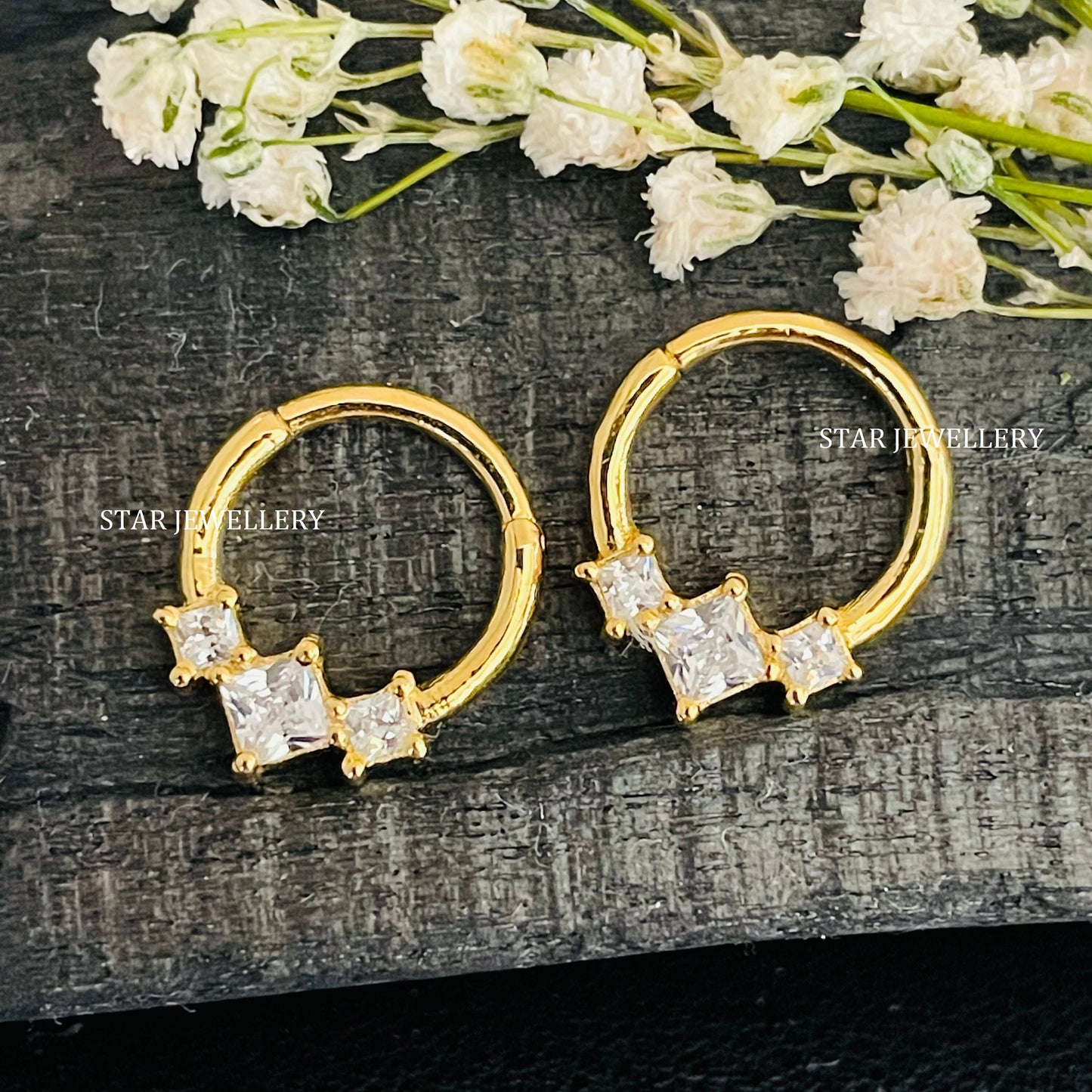 925 Sterling Silver Three Stone Princess Diamond Daith Clicker Piercing