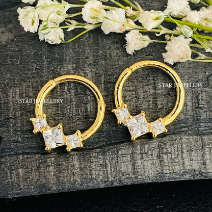925 Sterling Silver Three Stone Princess Diamond Daith Clicker Piercing