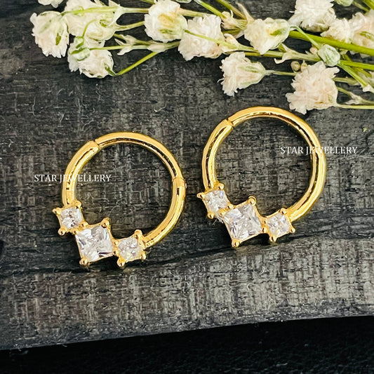 925 Sterling Silver Three Stone Princess Diamond Daith Clicker Piercing