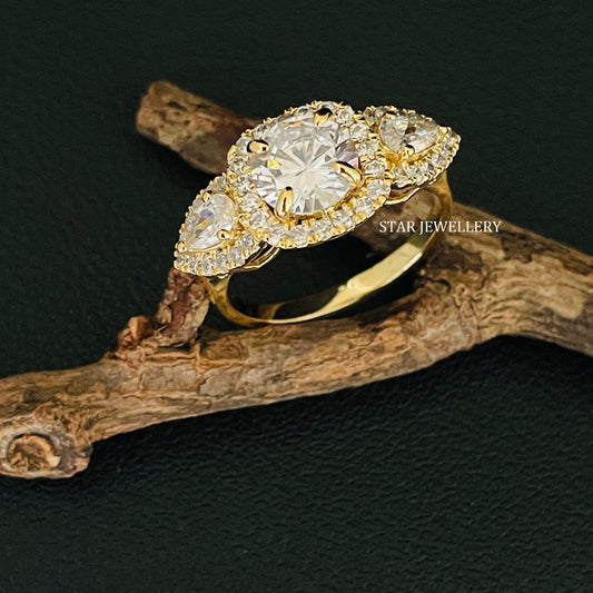 1.25 Ct Colorless Round Cut Three Stone Halo Moissanite Engagement Ring