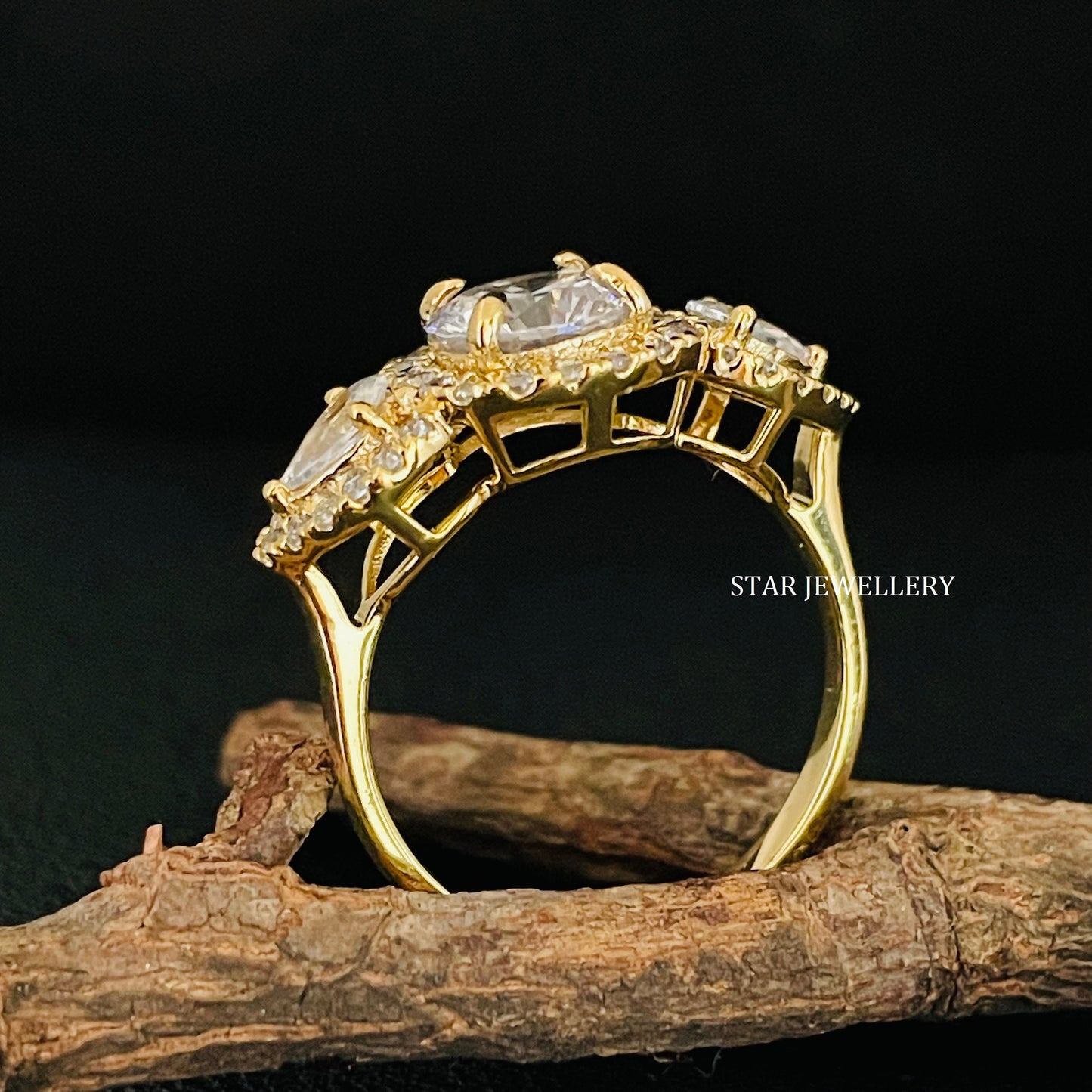 1.25 Ct Colorless Round Cut Three Stone Halo Moissanite Engagement Ring