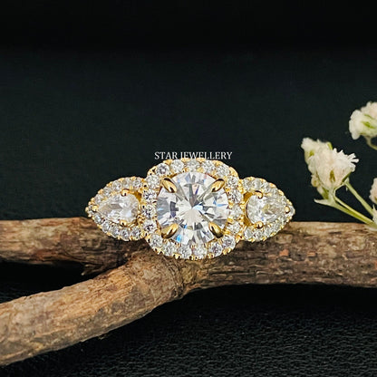 1.25 Ct Colorless Round Cut Three Stone Halo Moissanite Engagement Ring