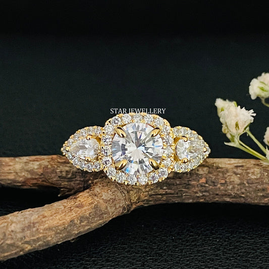 1.25 Ct Colorless Round Cut Three Stone Halo Moissanite Engagement Ring