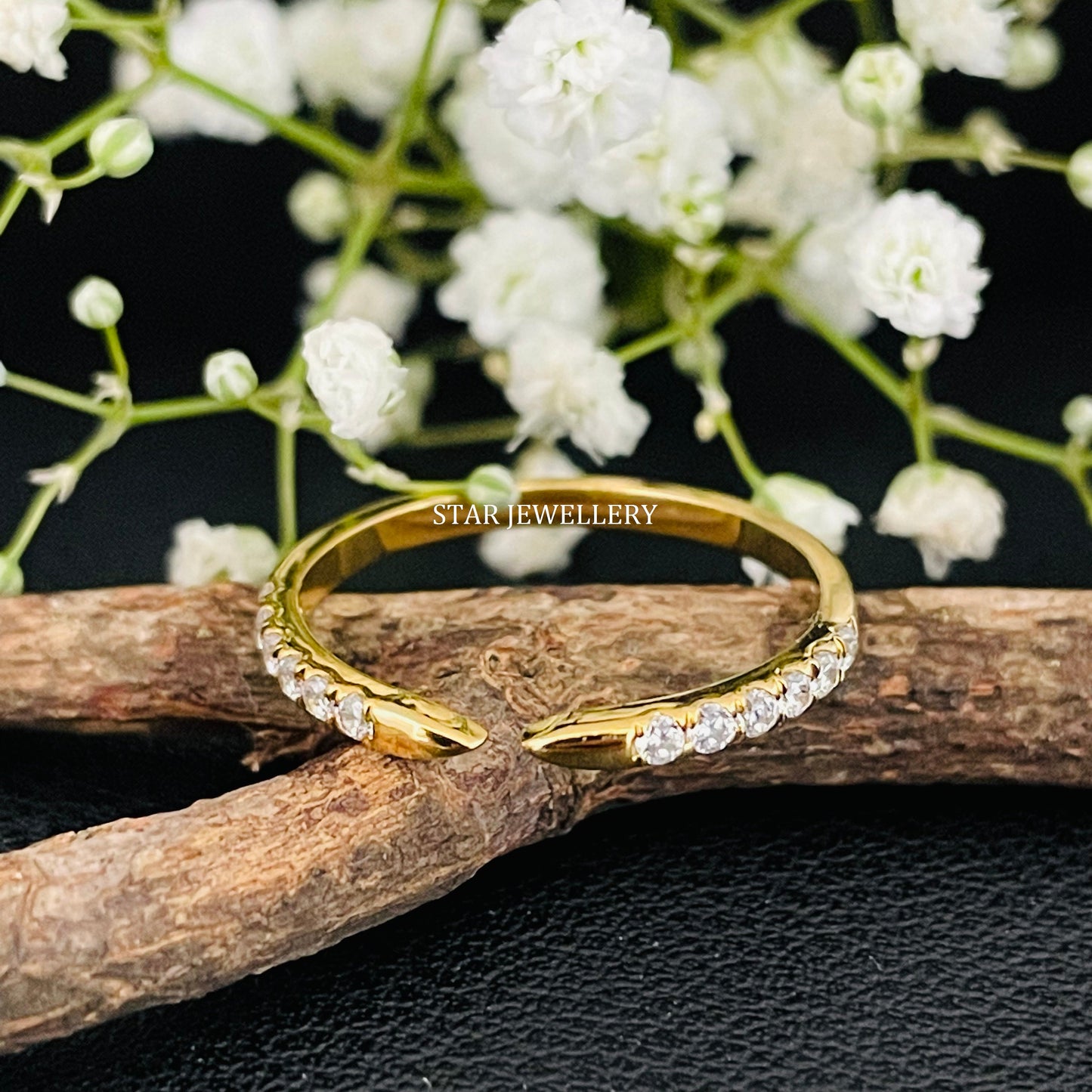 Stackable 14K Solid Gold Pave Set Diamond Open Cuff Ring