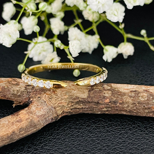 Stackable 14K Solid Gold Pave Set Diamond Open Cuff Ring